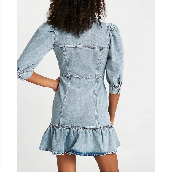 River Island Tinker T Frill Mini Denim Shirt Dress in Light Blue - Picture 3 of 16